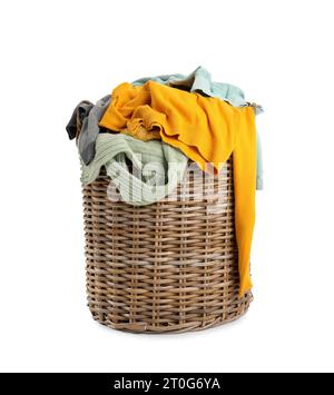 Wicker basket with dirty laundry isolated on white background Stock Photo