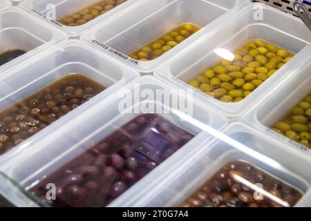 A Self Serve Olive Bar with different choices Stock Photo