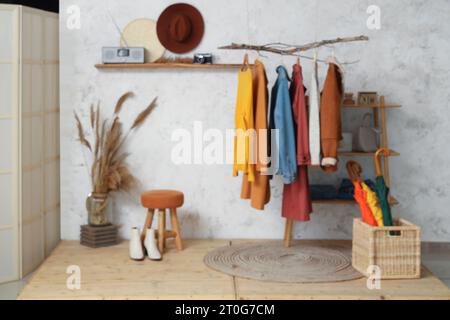 Blurred view of modern hallway with stylish autumn clothes hanging on tree branch Stock Photo