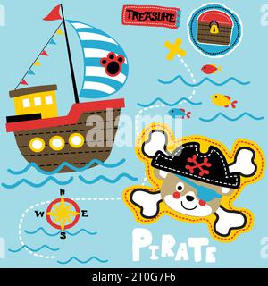 Cute bear wearing pirate cap, pirate sailing elements, vector cartoon illustration Stock Vector