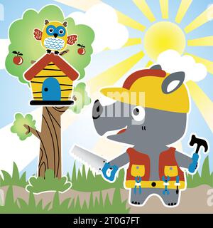 Cute rhinoceros with builder equipment, owl on tree house, sunrise on blue sky background, vector cartoon illustration Stock Vector