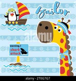 Cute giraffe wearing sailor cap, penguin on sailboat, shark attack signpost warning on striped background, vector cartoon illustration Stock Vector