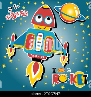 Funny rocket robot go to outer space, vector cartoon illustration Stock Vector