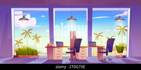 Seaside company office interior with palm trees behind large windows. Vector cartoon illustration of room with laptops and folders on desks, chairs, l Stock Vector