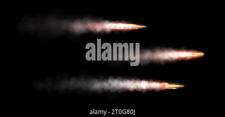Bullet after shot with fire and smoke trail - realistic vector illustration of metal ammo flying to target. Gun firing moment with speed effect trace Stock Vector