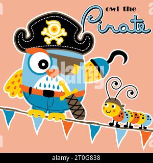 Cute owl in pirate costume with caterpillar on flags, vector cartoon illustration Stock Vector