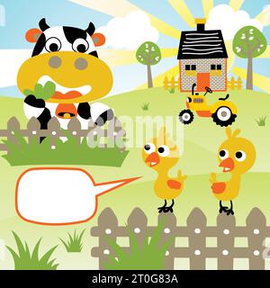 Funny farm animals in farm field, farming elements, vector cartoon illustration Stock Vector