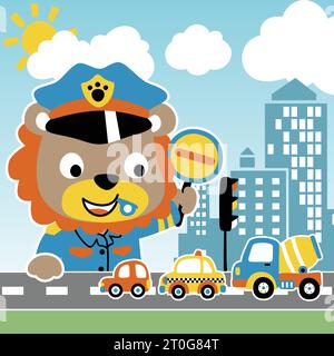 Cute lion in traffic cop uniform holding road sign, cars in city road, vector cartoon illustration Stock Vector