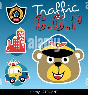 Cute bear wearing police cap with police car, logo and buildings, vector cartoon illustration Stock Vector