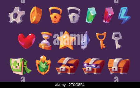 Game icon kit - cartoon vector gui assets set of lock and key, blue lightning and first aid medicine bag, various gem stones, closed and open wooden c Stock Vector