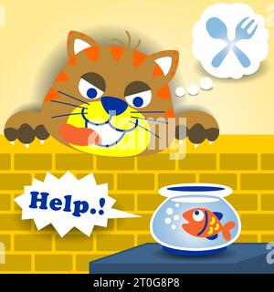 bad cat with fish in jar, vector cartoon illustration Stock Vector
