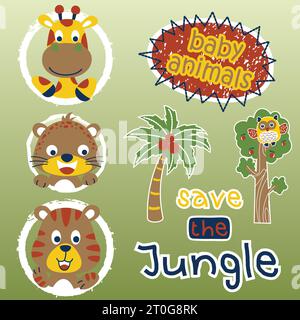 smile face of cute animals with jungle elements, vector cartoon illustration Stock Vector