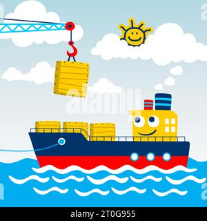 cartoon of cargo ship in the port Stock Vector