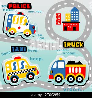 vehicles in the city road with buildings, vector cartoon illustration Stock Vector