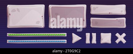 Stone game user interface assets - cartoon vector illustration set of rock plates and buttons for gui design. Rectangular banners and tablets with sto Stock Vector