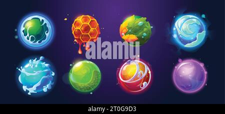 Magic ball for fortune telling or witchcraft. Cartoon vector illustration set of fantasy glowing glass sphere with mystical energy and power of predic Stock Vector