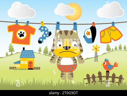 Cute kitten with clothes hanging in clothesline on rural scene background, bird on fence, vector cartoon illustration Stock Vector