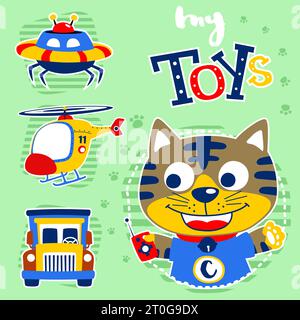 Funny kitten with it toys, vector cartoon illustration Stock Vector