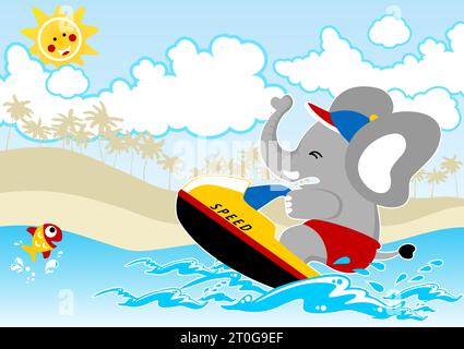 Cute elephant playing jet ski in the beach at summer holiday, little fish jump out from water, vector cartoon illustration Stock Vector