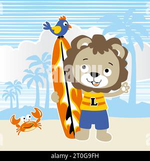 Cute lion holding surfboard with bird and crab on palm trees background, vector cartoon illustration Stock Vector