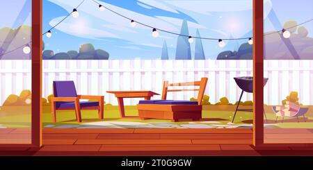 House backyard garden with fence cartoon vector. Summer outdoor patio with bbq, table and wooden floor in modern condominium environment. Barbeque on Stock Vector