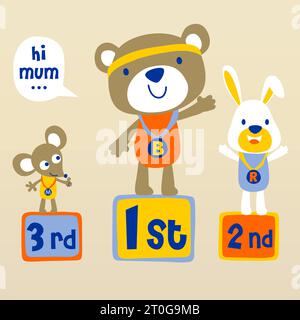 cute animals sport winner on podium, vector cartoon illustration Stock Vector