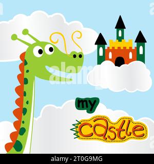 Funny dragon with castle on clouds, vector cartoon illustration Stock Vector