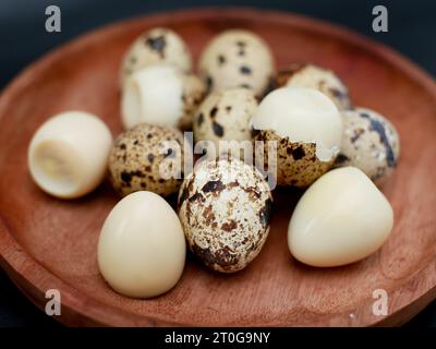 close up of boiled quail eggs on plate Stock Photo