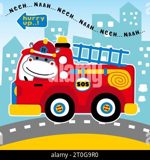 Cute hippo driving firetruck on buildings background, vector cartoon illustration Stock Vector