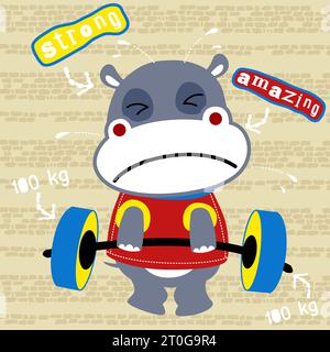 Cute hippo lifting heavy barbell on bricks background, vector cartoon illustration Stock Vector