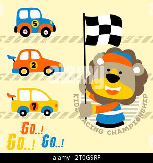 car racing cartoon with a cute lion, vector cartoon illustration Stock Vector