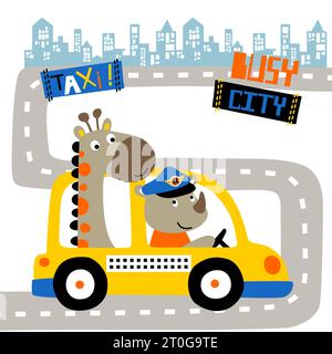 Cute rhino with giraffe on taxi in city road, vector cartoon illustration Stock Vector