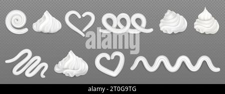 Whipped cream design elements for pastry isolated on transparent background. Vector realistic illustration of white creamy swirls, dairy curls, twirls Stock Vector