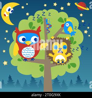 Cute animals sleeping on tree at night, vector cartoon illustration Stock Vector
