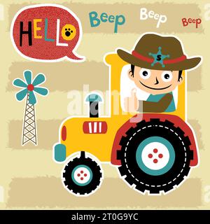 Young farmer on tractor with windmill, vector cartoon illustration Stock Vector