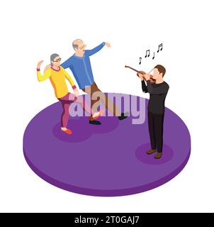 Leisure of elderly couple isometric composition with elder man and woman dancing under live music vector illustration Stock Vector