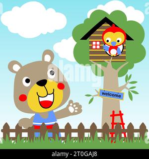 cute bear with little bird on tree house in home yard, vector cartoon illustration Stock Vector