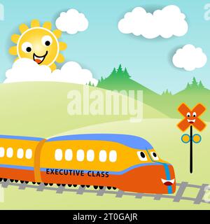 Funny fast train with railway sign, smiling sun behind clouds, vector cartoon illustration Stock Vector