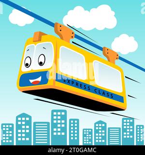 A funny cable car crossing over the city, vector cartoon illustration Stock Vector