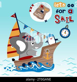 Funny elephant with penguin in pirate costume on sailboat, pirate elements, vector cartoon illustration Stock Vector