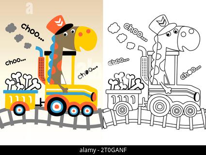 Cute dinosaur on steam train loading bones, vector cartoon, coloring book or page Stock Vector