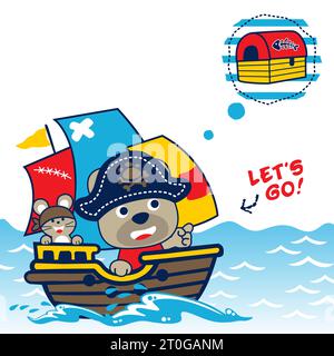 Cute bear with mice on sailboat, pirate sailing elements, vector ...