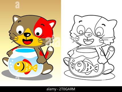 little cat with a fish in a jar, vector cartoon, coloring book or page Stock Vector