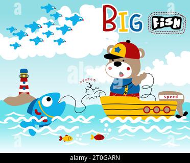 Cute bear fishing on boat in the sea, flock of birds flying, vector cartoon illustration Stock Vector