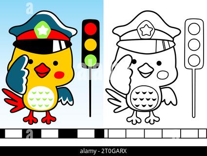 Cute bird traffic cop with stoplight, vector cartoon illustration, coloring book or page Stock Vector