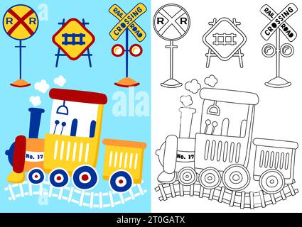 Steam train with railroad signs, vector cartoon illustration, coloring book or page Stock Vector