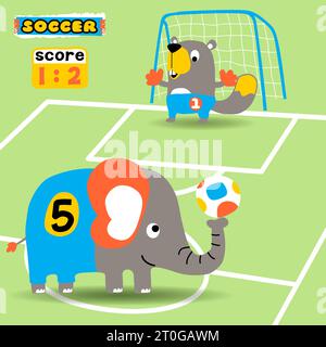 Cute elephant with beaver playing soccer, vector cartoon illustration Stock Vector