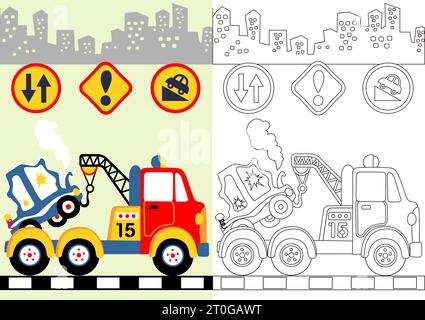 Tow truck towing wreck car, road sign on buildings background, vector cartoon illustration, coloring book or page Stock Vector