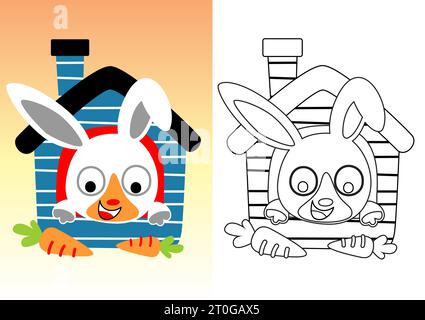 little rabbit on cage with carrot, vector cartoon illustration, coloring book or page Stock Vector