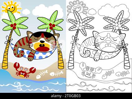 Funny cat sleeping on hammock with crab in the beach, coloring book or page, vector cartoon illustration Stock Vector